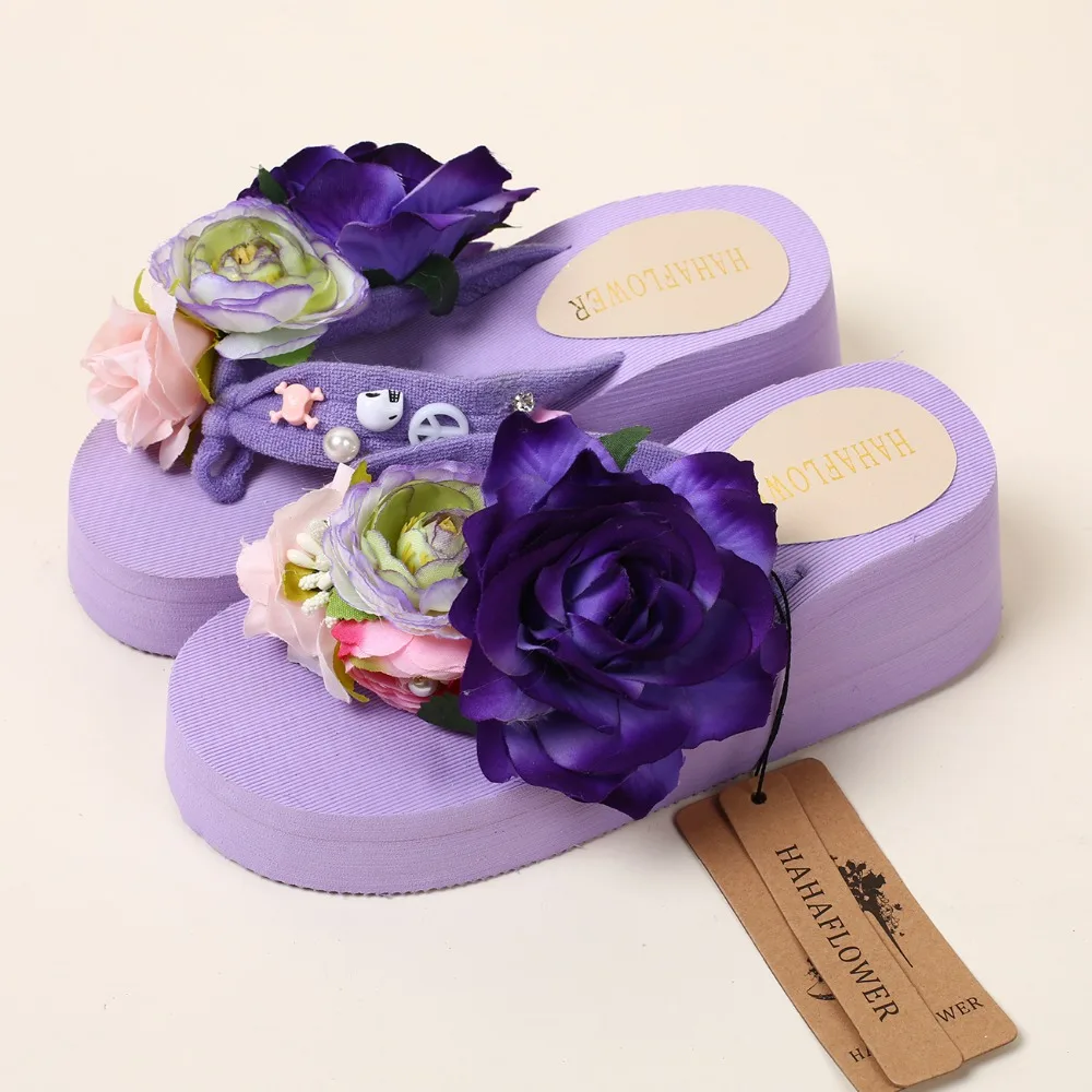 

HAHAFLOWER Woman Summer Taro Purple Flower Thick Slope With Word Drag Beach Vacation Travel Lady Sandals Shoes