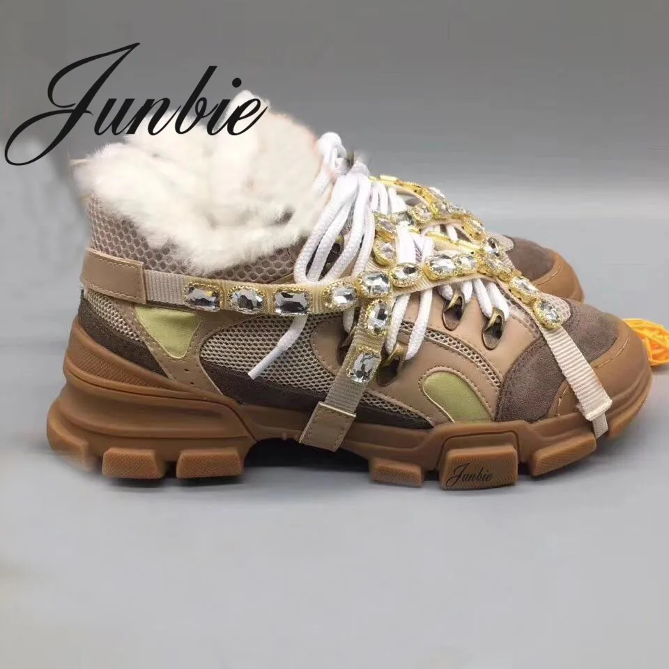 

JUNBIE New Genuine Leather Round Toe Comfortable Warm Boots Lace Up Sheep Wood Snow Warm Flats Boots Shoes Women