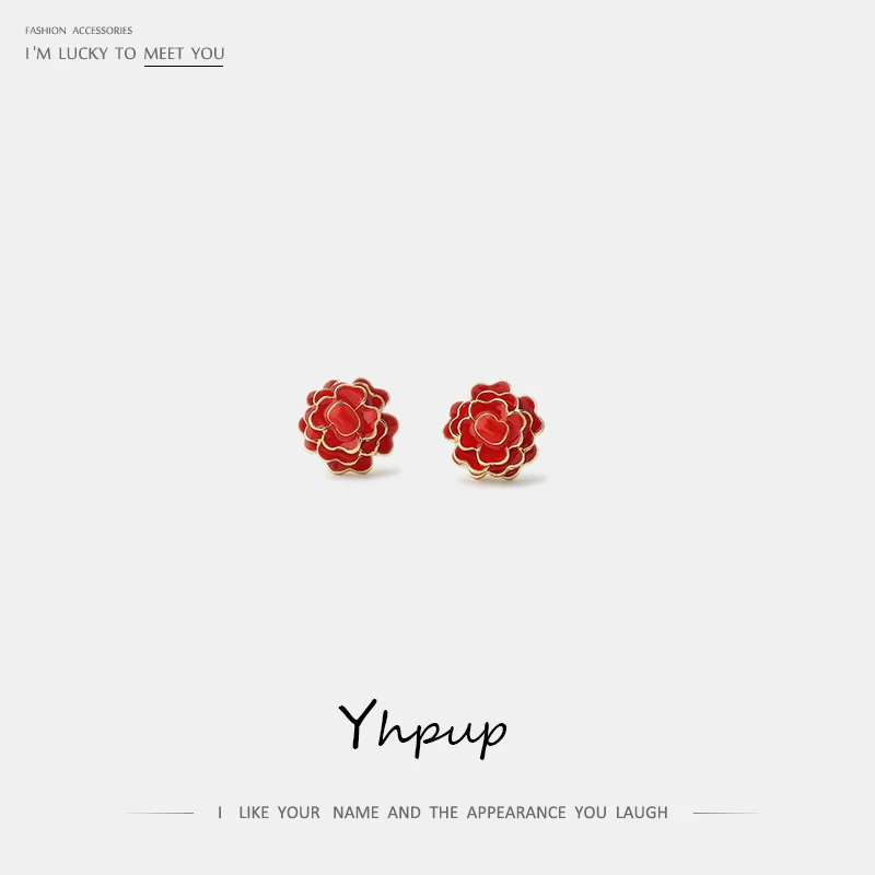 

Yhpup New Fashion Brand Enamel Multi-layer Camellia Flower Stud Earrings Red White Earrings for Women Party Jewelry Charm Gift