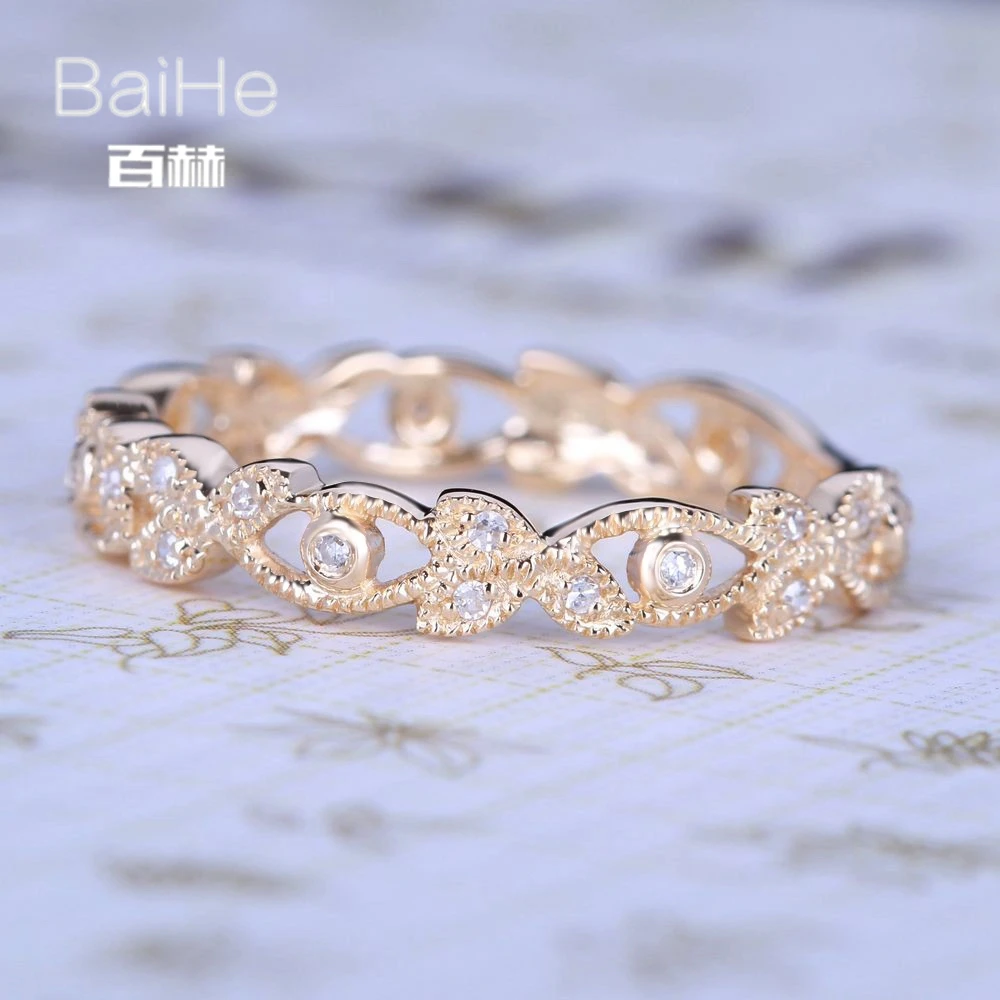 BAIHE Solid 14 К желтого золота(AU585) 0.15CT Certified H/SI круглый из натуральной со стразами Свадебные Для женщин Мода Fine Jewelry Кольцо