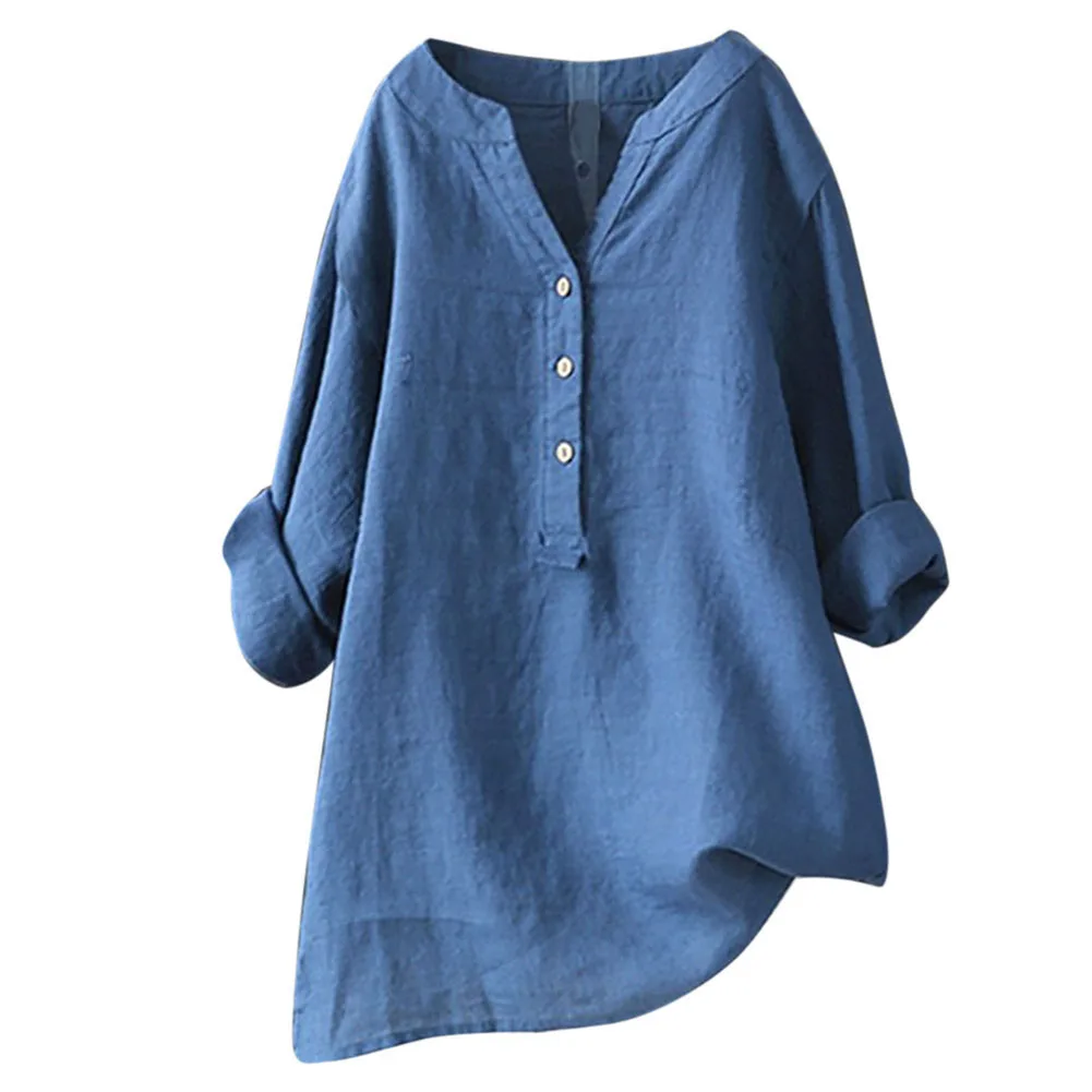 

White Cotton Linen Long Sleeve Women's Shirt V neck Button Pocket Feminine Blouse 2019 Spring Summer Loose Top Female Plus Size