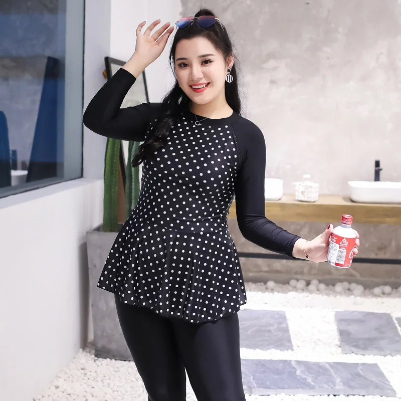 

Two-piece Swimwear Dot Printed Bathing Suit Long Sleeve Bodysuit Flouncing Monokini 6XL Plus Size Swimsuit Fat Shorts Tankini