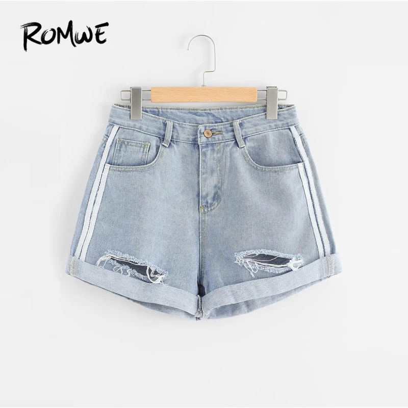 

ROMWE Rips Denim Shorts Korean Style Blue Women Loose Pockets Button Fly Fashion Shorts 2019 Basic Mid Waist Summer Shorts