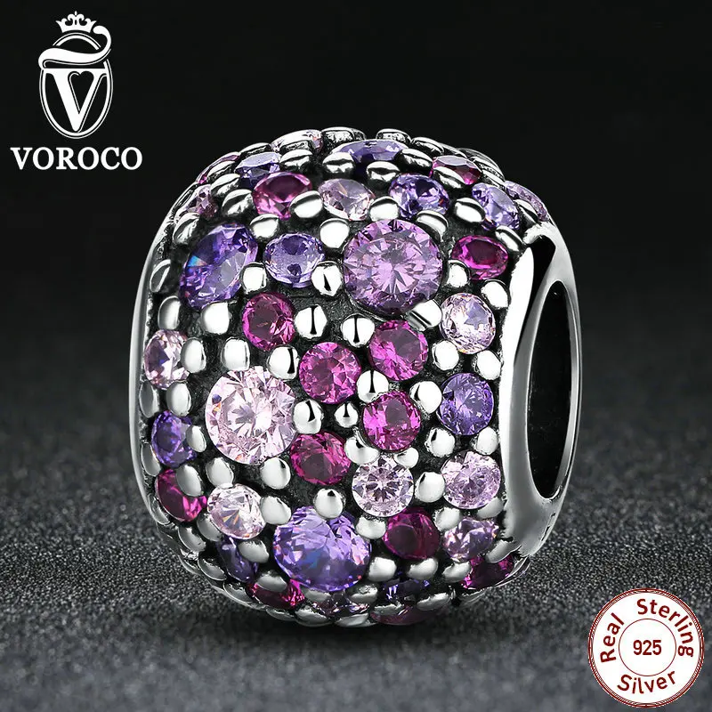 VOROCO 100 925 Sterling Silver Colorful Beads Charm Charms Fit Pandora Bracelets for Women pulsera Fashion