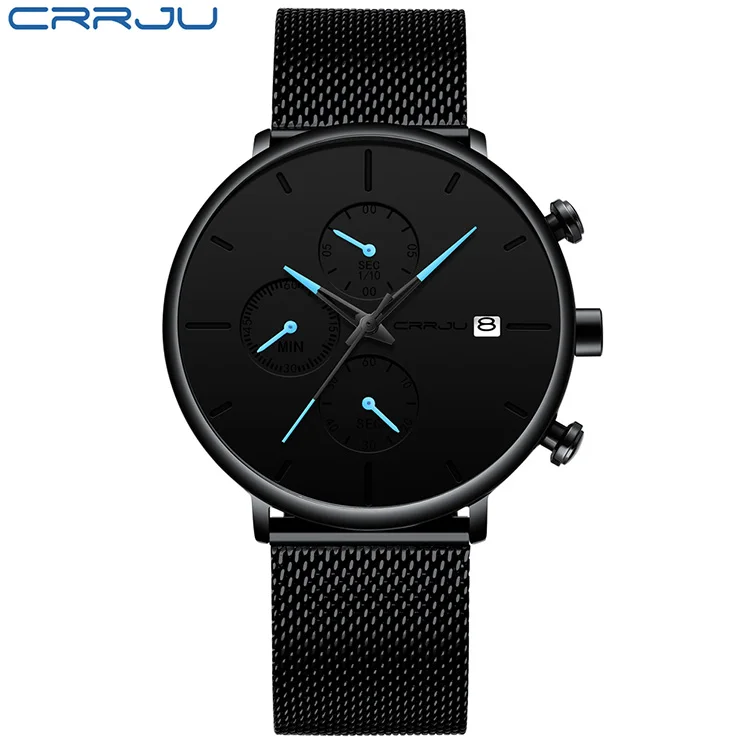 CRRJU, мужские часы, Лидирующий бренд, Роскошные, бизнес часы, модные, повседневные, наручные, сетка, сталь, водонепроницаемые, кварцевые, дата, мужские часы, reloj - Цвет: black blue