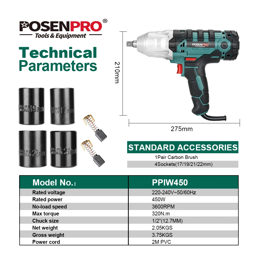 Электрический ударный гайковерт POSENPRO мощностью 450 Вт, 1/2 нм, максимальный крутящий момент дюйма, 2 м, резиновый кабель, автомобильные гаечные ключи, электроинструменты, BMC коробка