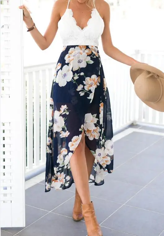 

Summer style women lace long flower print patchwork dresses