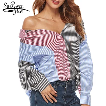 

Sexy Women long sleeve tops 2019 spring V-neck Color stripe women fashion shirts Sexy strapless open back tops shirts 2940 50