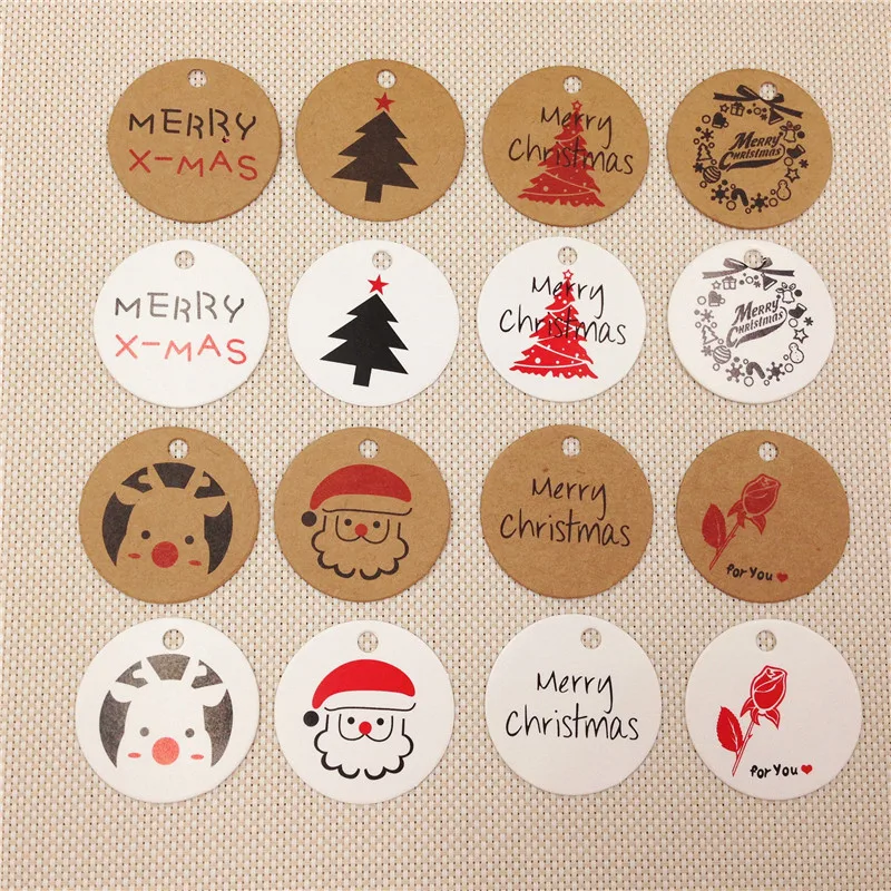 

100Pcs/Lot Diameter 3cm Round Hang Tags Various Styles Handmade Festivals Christmas Wedding Labels Note Kraft Listing Paper Tag