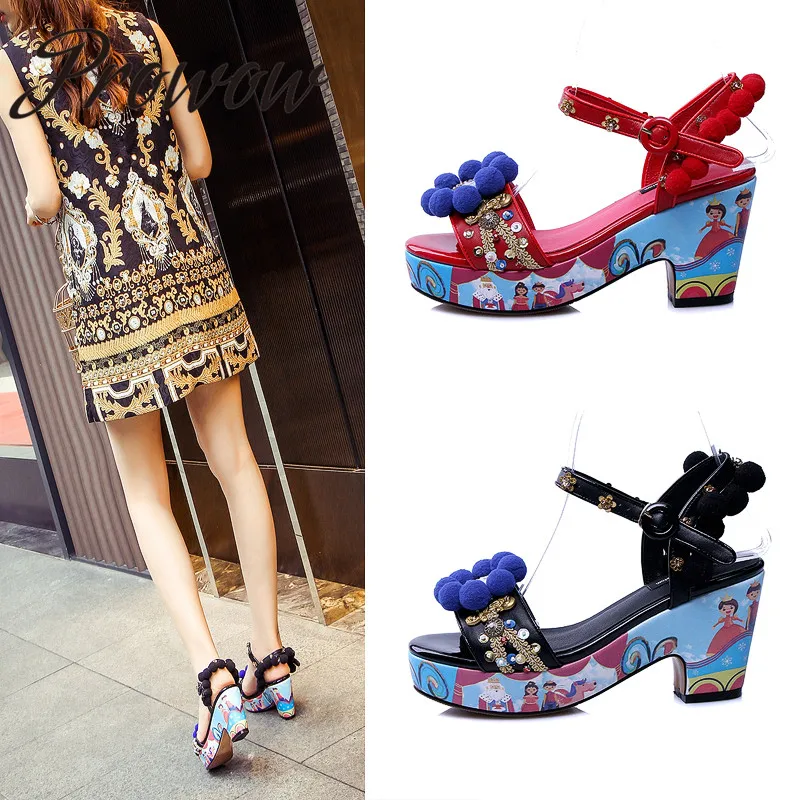 Prowow/Новые летние сандалии из натуральной кожи с блестками и цветочным принтом; Босоножки на платформе с открытым носком на высоком каблуке; женская обувь