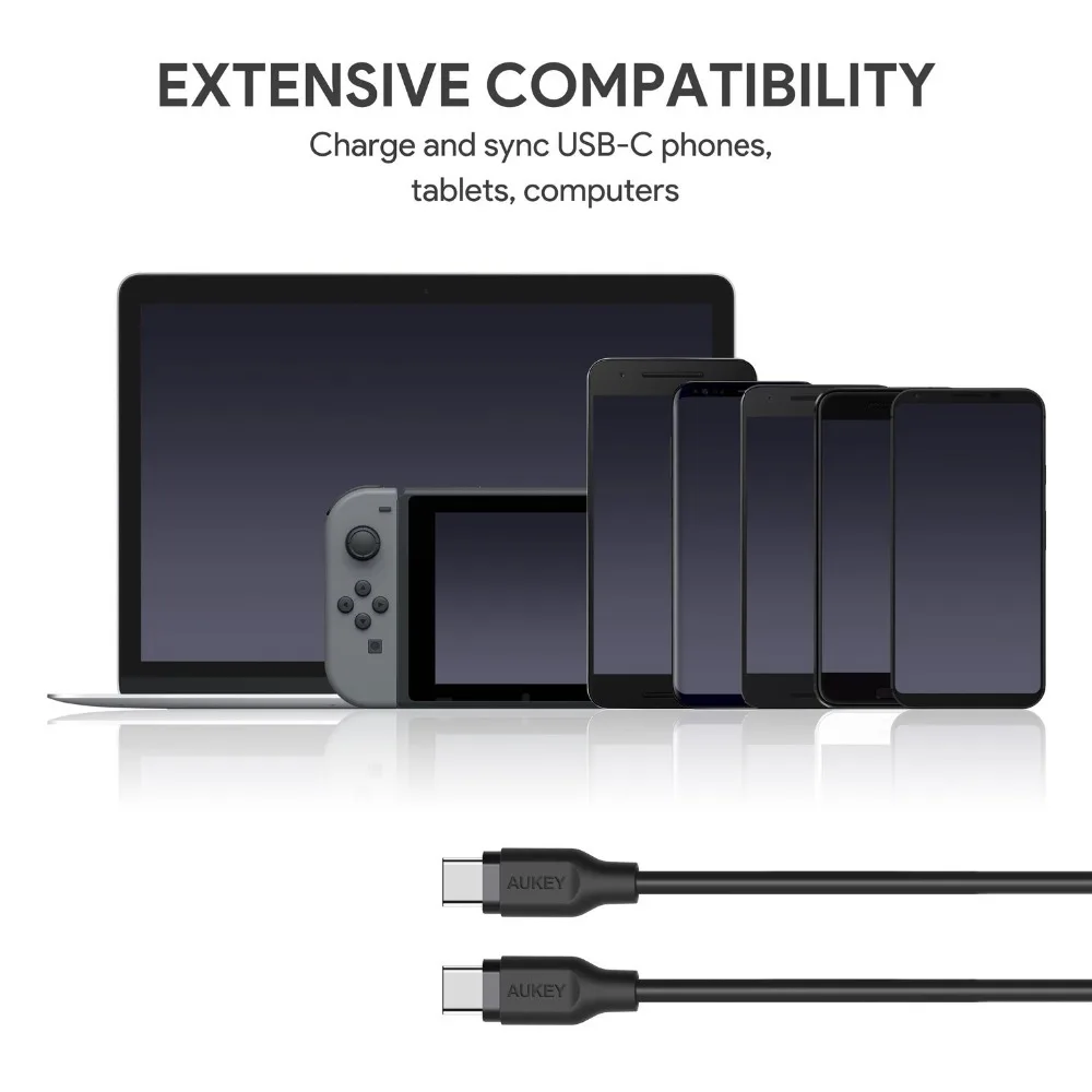 AUKEY USB Type C Cable 1.8m 3A Type-C Fast USB C - USB C Mobile Phone Data Charger Cable For Xiaomi Mi 8 7 Samsung s9 s8 Macbook