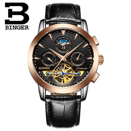 Top quality Binger Luxury Box Sapphire Black Dial Golden Stainless Steel Case Automatic Men Watch Hollow