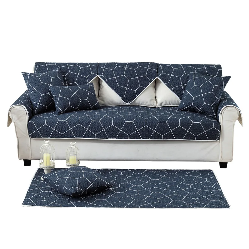 1Pcs Cotton Sofa Cover Towel Dark Blue Geometric Slipcover Non slip