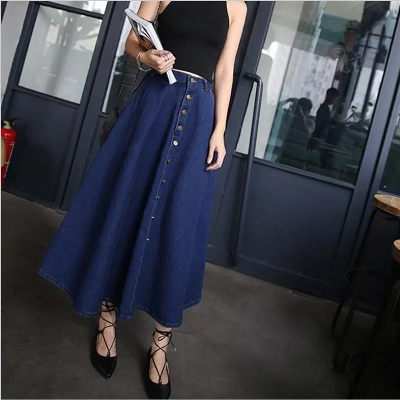Женская новая однобортная джинсовая юбка с высокой талией в Корейском стиле, большая длинная юбка, Женская Универсальная джинсовая юбка кэжуал