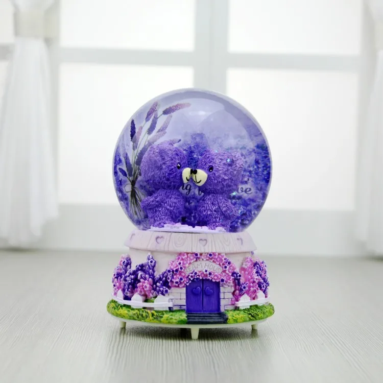Мультфильм Фиолетовый Лаванда пара медведь светящийся хрустальный шар музыкальная шкатулка украшения креативный стеклянный шар музыка декоративная коробочка подарки - Цвет: Standing