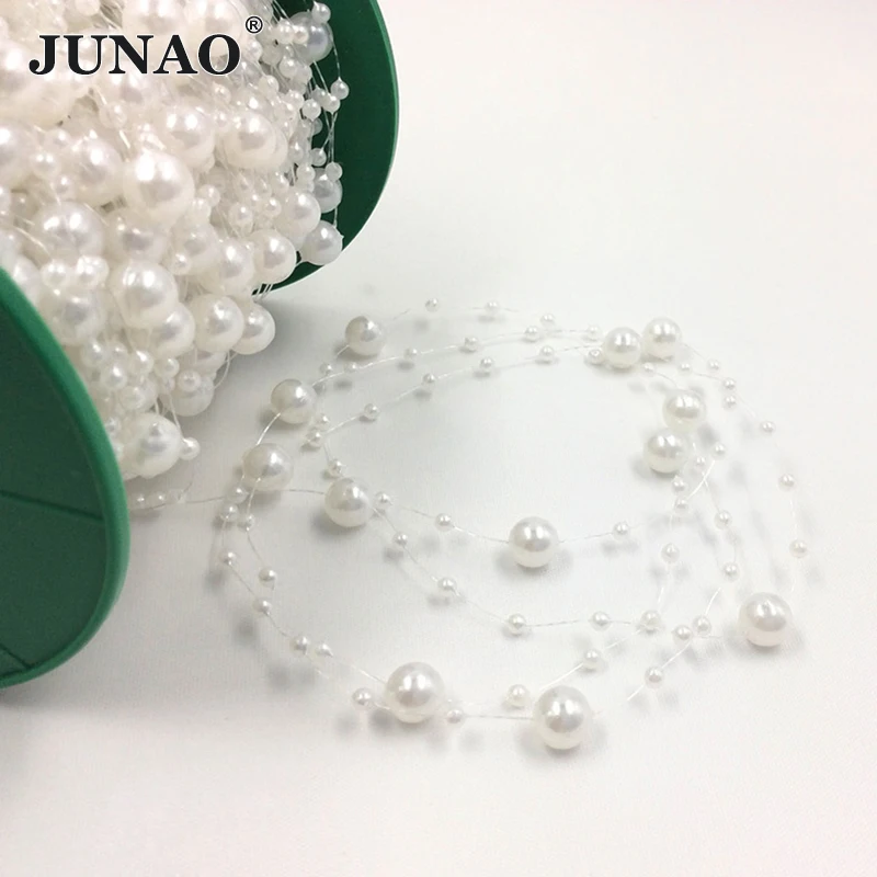 

JUNAO 20 Meter Pearl Beads Chain Spool In Roll Pearls String Trim Bridal Beads Appliques for Wedding Garland Party Decoration