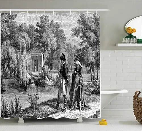 

Vintage Shower Curtain, Historical French Revolution Sketch with Napoleon and Woman in Garden Artwork,Bathroom Decor