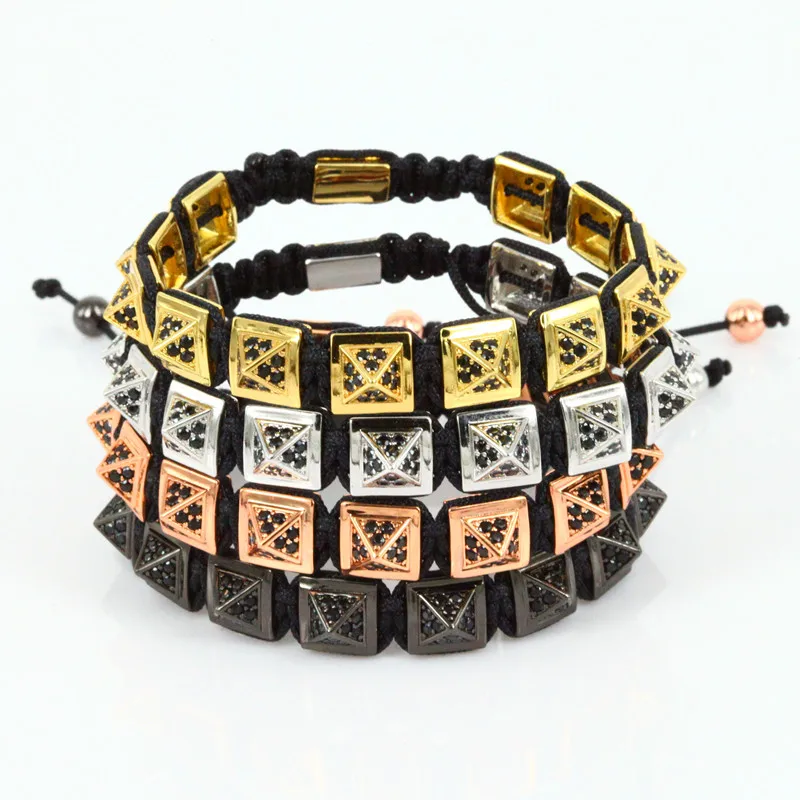 

Charms punk men jewelry 24k golden pump pyramid pave black CZ Zircon zirconia Adjustable unisex macrame Bracelet
