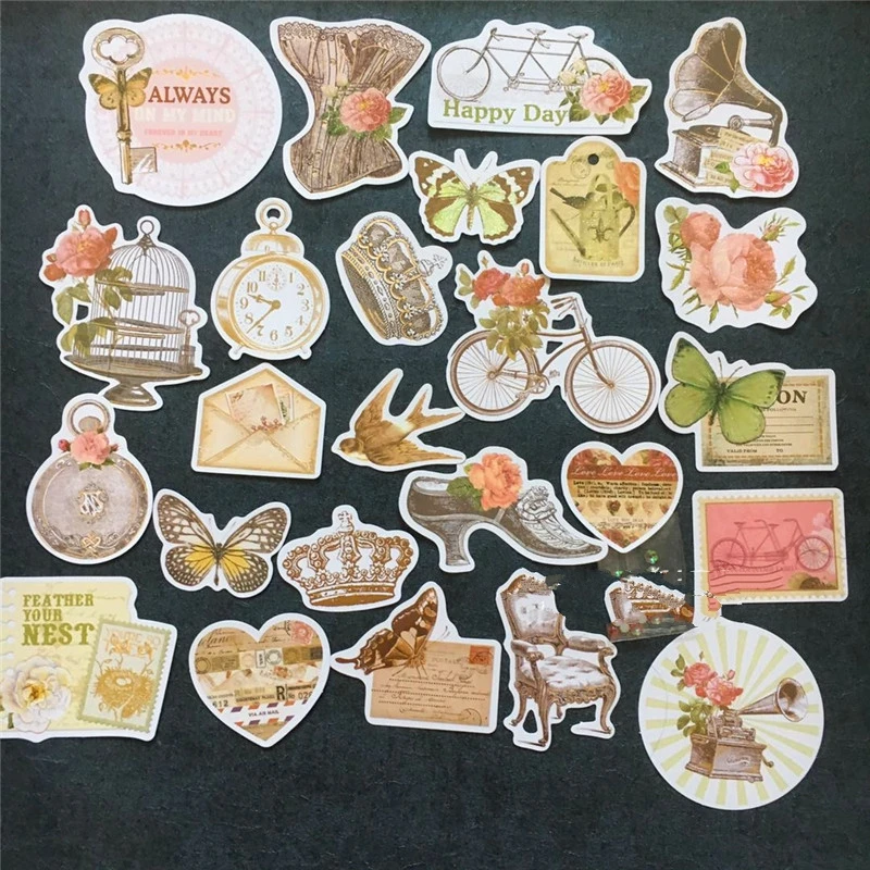 

25Pcs/Pack Vintage Sequin Bicycle Furniture Foil Gold Die Cut Paper Scrapbooking DIY Planner Card Making Journal Project Craft