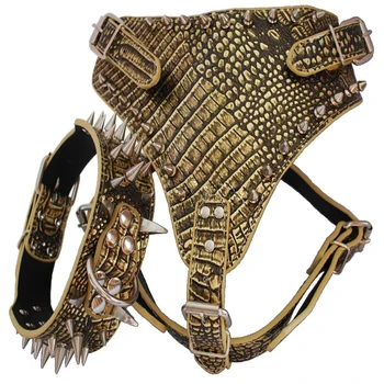 

1Set Puppy Supplies Pet Dog PU Leather Rivet Harness Doggy Dogs Harnesses +PU Leather Dog Collars Gold Color Top Quality Hot