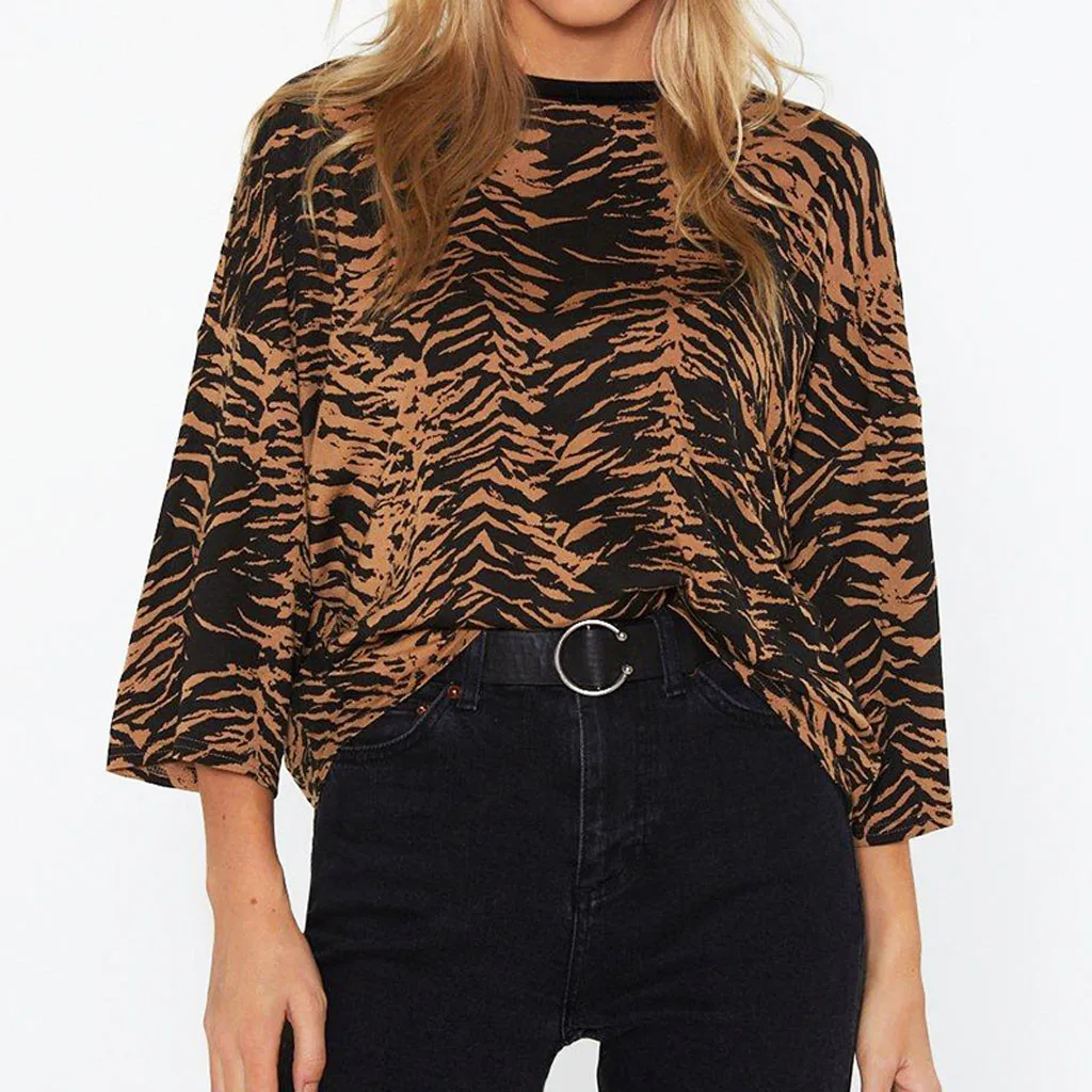 

JAYCOSIN clothes Women Summer t shirt Fashion O-Neck Long Sleeve Leopard Casual Tops Three Quarter Tee