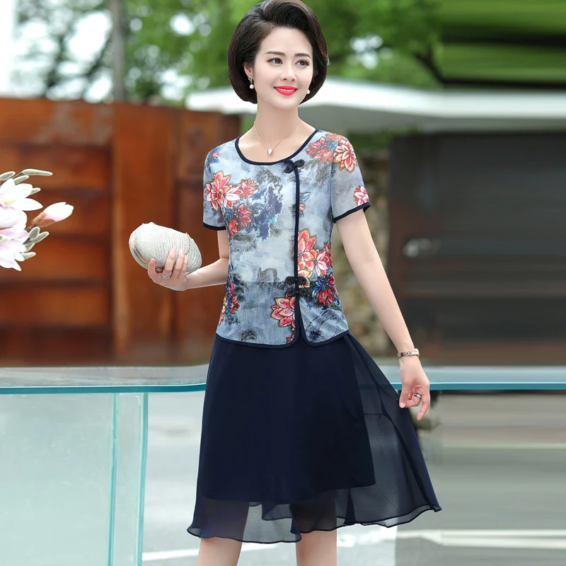 

Plus Size XL-4XL 2019 Summer New Fashion Middle Aged Women Flower Print Dress O-neck Short Sleeve Woman Chiffon Party Dress
