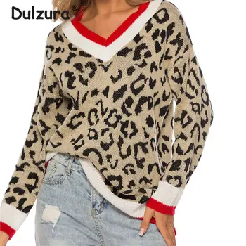 

2019 New Leopard Print Knitted Sweaters Women Autumn Winter V-Neck Loose Pullovers Basic Long Sleeve Thick Warm Sweater Mujer