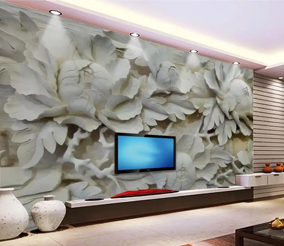 

3D Peony Background Wall Wood Carving Background Wall Painting wallpaper for walls 3 d for living room