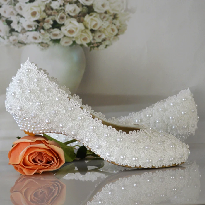 white flowers pearl bridal shoes low heel round toe fashion women's shoes wedges party shoes free shipping