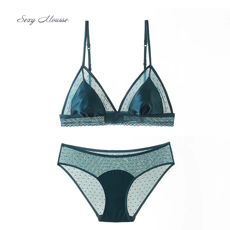 

Сексуальный мусс, атласное кружево, ультра тонкие бюстгальтеры, набор, беспроводной, в горошек, бюстгальтер, тонкая треугольная чашка, нижнее белье для женщин
