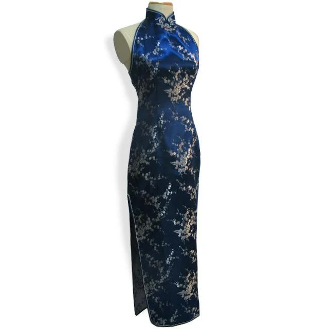 

Navy Blue Women's Silk Satin Cheongsam Charming Prom Gown Dress Long Backless Qipao Dropshipping Size S M L XL XXL XXXL S034-G
