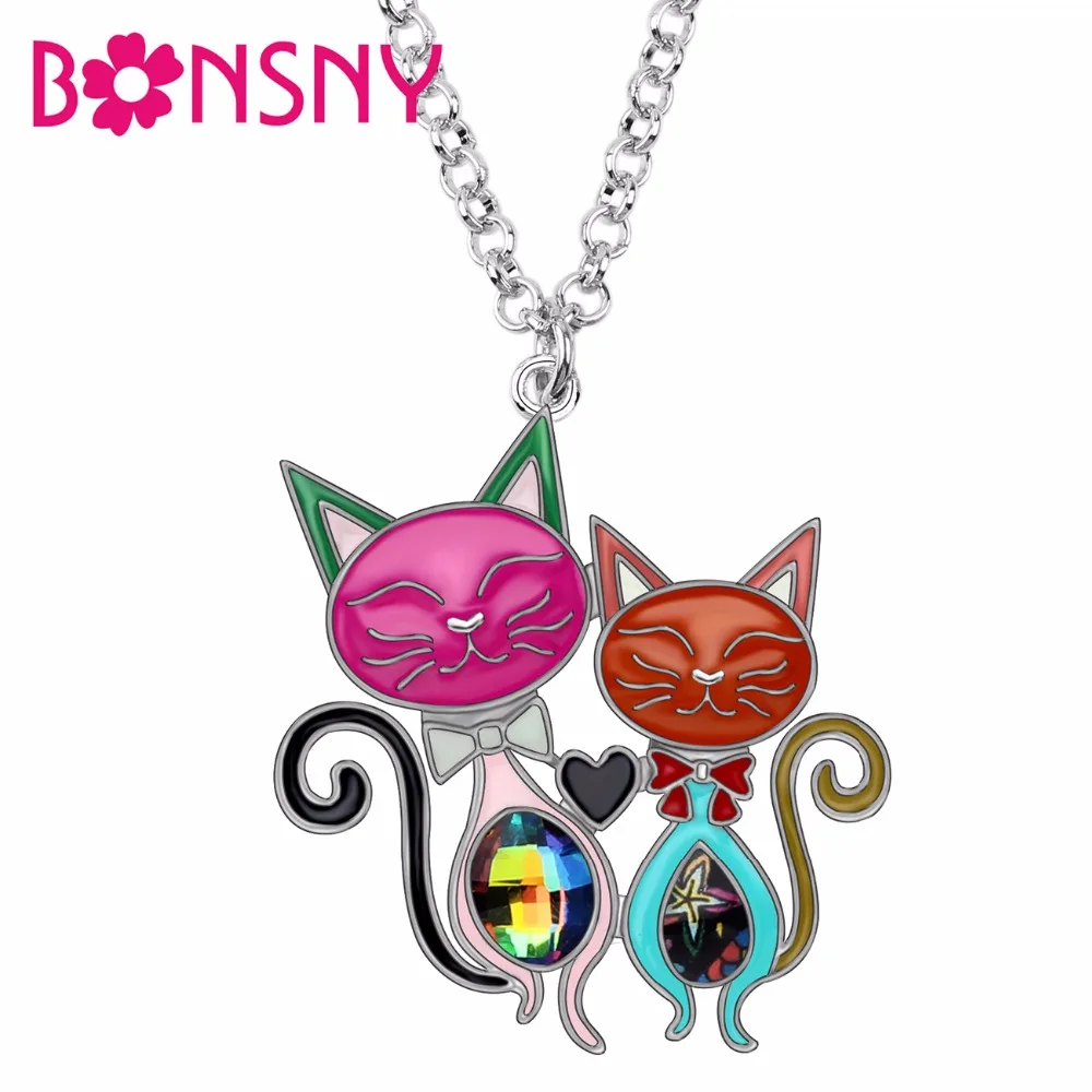 

Bonsny Statement Enamel Alloy Rhinestone Double Cat Pendant Chain Choker Cute Animal Pet Jewelry Necklace For Women Girls Gift