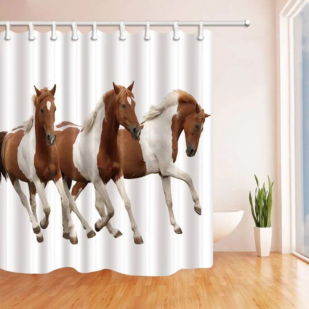 

Animal Horse Pattern Theme Shower Curtain Three Brown White Stripes Running Horses Waterproof Mildew Resistant Polyester