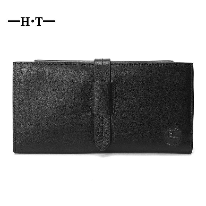 

HT Drawstring Wallet Men Long Purses 100% Genuine Leather Man Wallets Belt Clutches Large ID Card Holders Simple Style Notecase