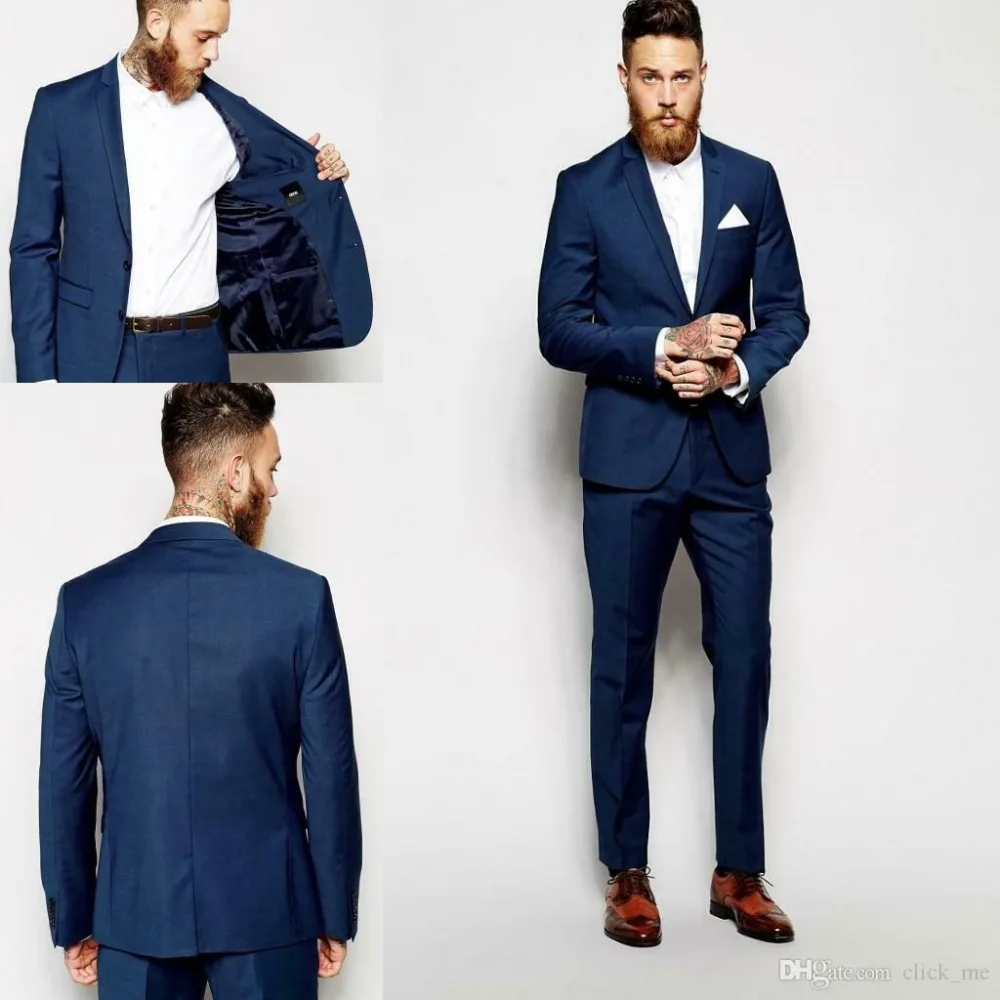 

Groom Tuxedos Groomsmen Dark Blue Vent Slim Suits Best Men Suit 2 PCS Custom