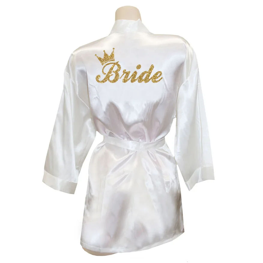 Bride Crown Team Bride Golden Glitter Print Kimono Robes Faux Silk