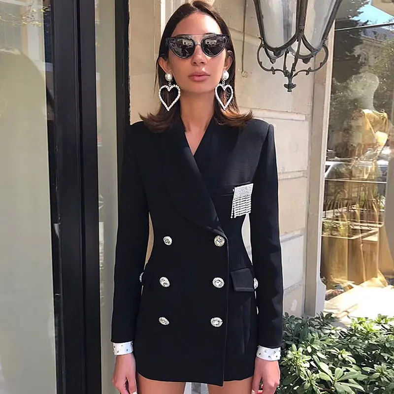 YD-EVER Autumn Women Long Sleeve Double Breasted Diamonds Button Brooch Beading Blazer Jacket Suit Runway Lapel Black Blaz | Женская