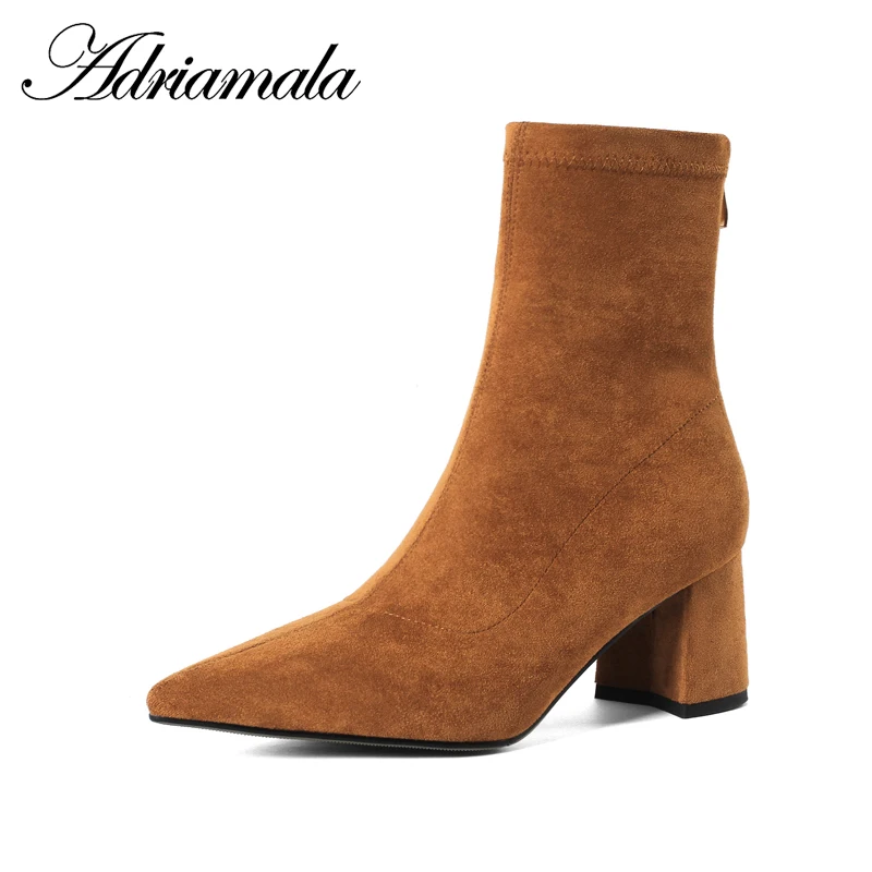 

2018 Stretch Fabric Ladies High Heel Boots Mid-calf Basic Pointed Toe Square Heel Zipper Motorcycle Boots For Women Adriamala