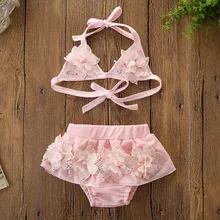 Летний купальный костюм для маленьких девочек, розовый кружевной фатиновый комплект бикини с цветочным рисунком, облегающий купальник на бретельках, купальный костюм для детей 2-6 лет