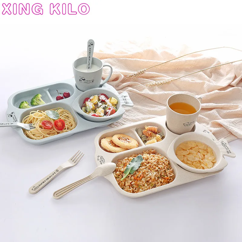 

Wheat straw fiber student plate combination 6 pieces set divided students with water cup breakfast plate household dividers