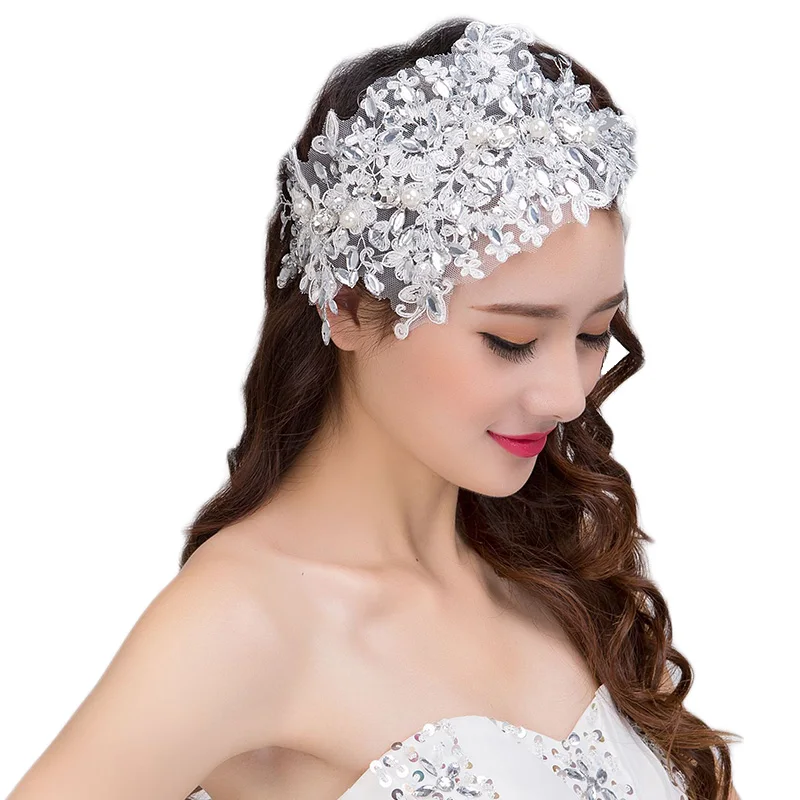 

Handmade White Lace Flower Tiara Headpiece Crystal Faux Pearl Forehead Bridal Headband Bride Wedding Hair Jewelry Accessories BH
