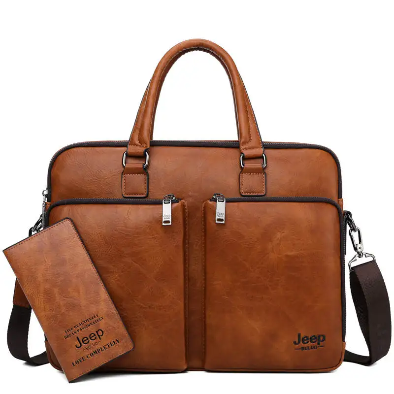 Мужской портфель с плечевым ремнем jeep buluo, оранжевый кожаный портфель для ноутбука, брендовая деловая сумка, повседневный переносной портфель, все сезоны - Цвет: 6674-8888-Khaki