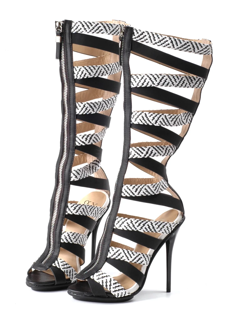 

Gladiator Thin High Heel Zip Open The Toe Womens Knee High Sandals 2017 New Arrival Sexy Cut Out Boots Plus Size 33-44 SXQ0511