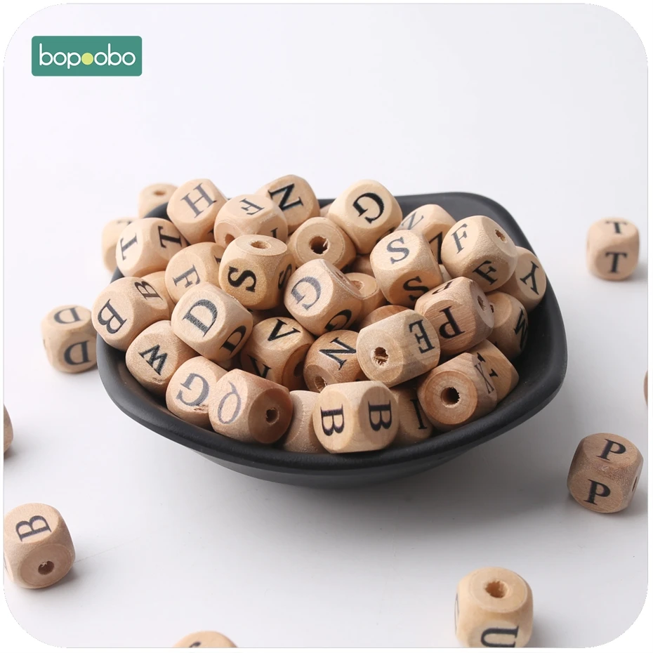 Bopoobo 새로운 나무 메이플 스퀘어 모양의 비즈 12mm 20pc 씹는 음식 학년 Teether 편지 비즈 DIY 공예 감각적 인 씹는 장난감