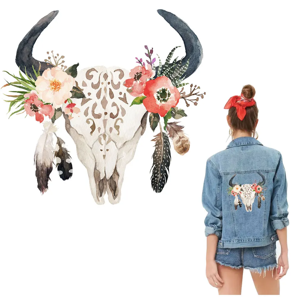 

T shirt patch Diy cow skull flower 25cm pattern logo iron on patches for clothing transfer printing fashion clothes top stickers