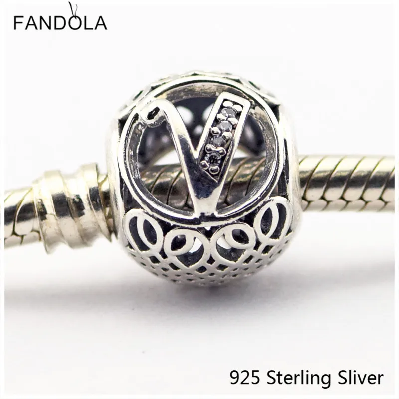 

Silver Alphabet 925 Sterling Silver Jewelry Vintage V Charms Fits for Brand Bracelet Charm Bead DIY Gift for Women