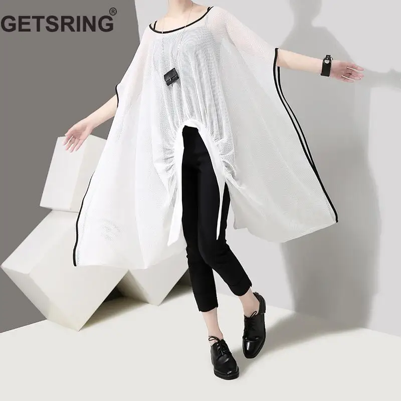 

GETSRING Women Shirt Irregular Batwing Sleeve Perspective Women Blouses Asymmetry Black White Loose Plus Size Shirts 2019 New