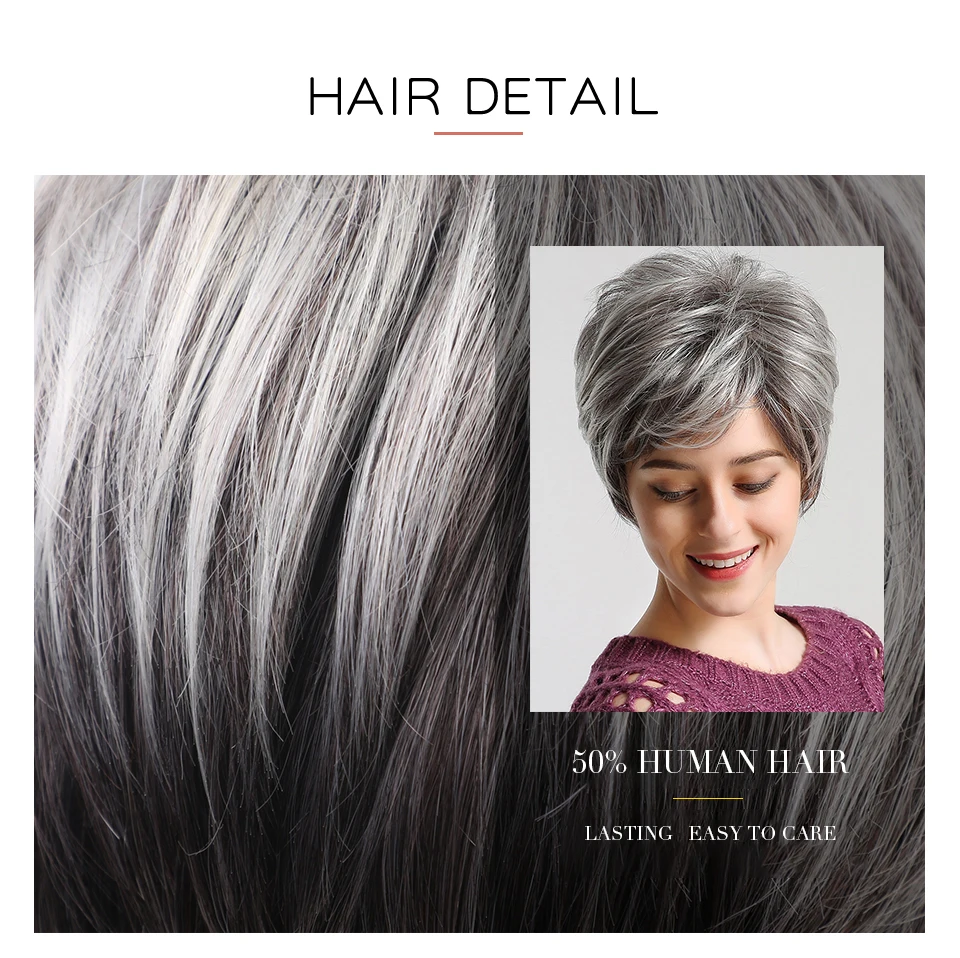 Inhair Cube 1" 50% человеческие волосы синтетические женские" s парики натуральные пушистые прямые серые короткие текстуры для американских африканских