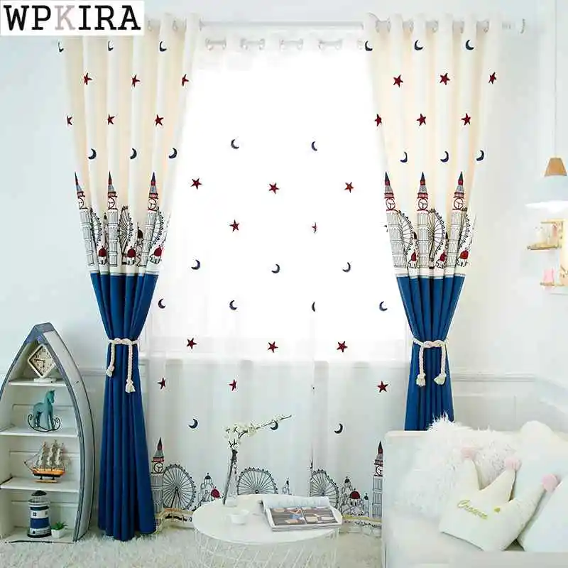 

Mediterranean Children Cartoon Luxury Blackout Curtains Blue Embroidery Blinds For Living Room Bedroom Curtain S283&30