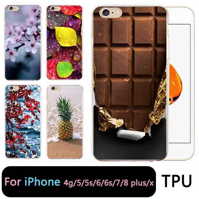 

QMSWEI TPU Clear Phone Case For iPhone 6G 6s 7 8plus x Soft Flora Chocolate Pineapple Leaf Cute Cover For iPhone 4 5se 6Plus 7P